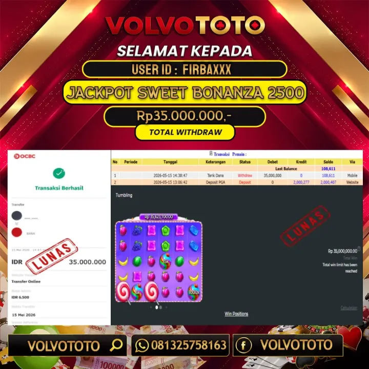 VOLVOTOTO  JACKPOT SLOT SWEET BONANZA 2500 Rp.35.000.000,- LUNAS USER ID : FIRBA***