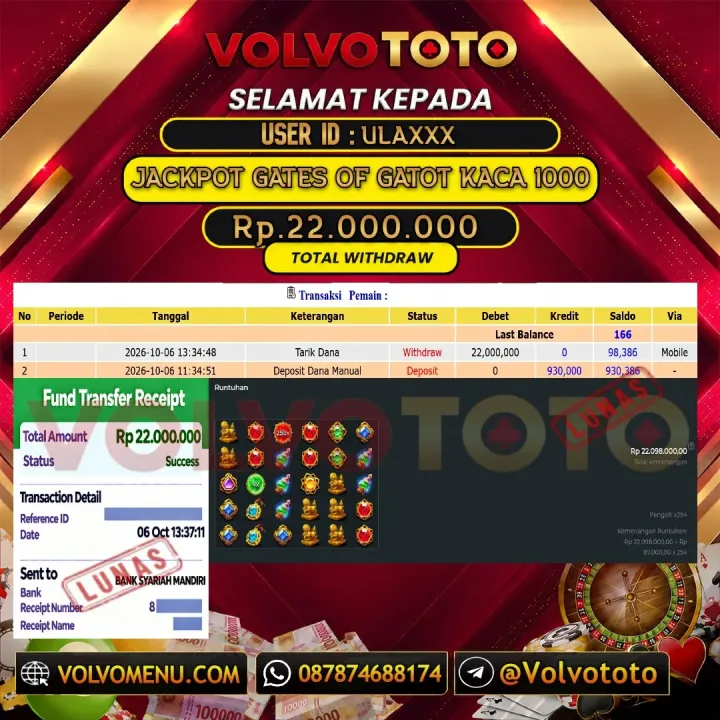 VOLVOTOTO JACKPOT SLOT GATES OF GATOT KACA 1000 Rp.22.000.000,- LUNAS USER ID : ULA***