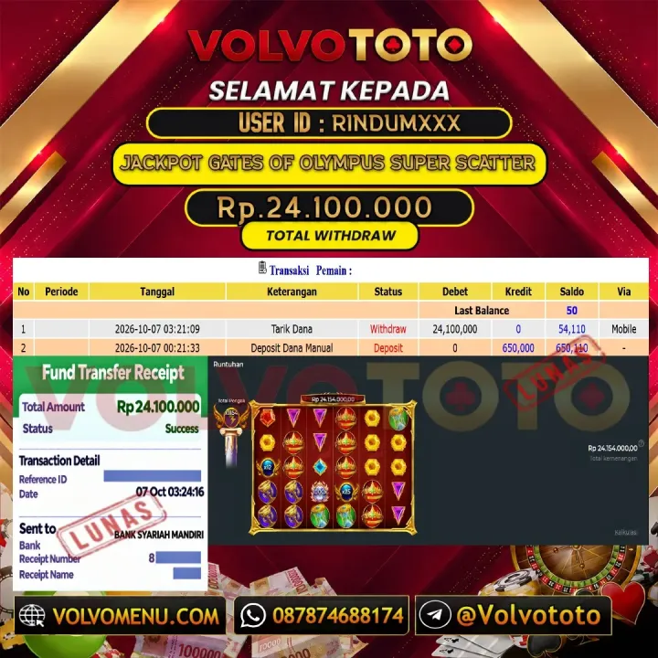 VOLVOTOTO JACKPOT SLOT GATES OF OLYMPUS SUPER SCATTER Rp.24.100.000,- LUNAS USER ID : RINDUM***
